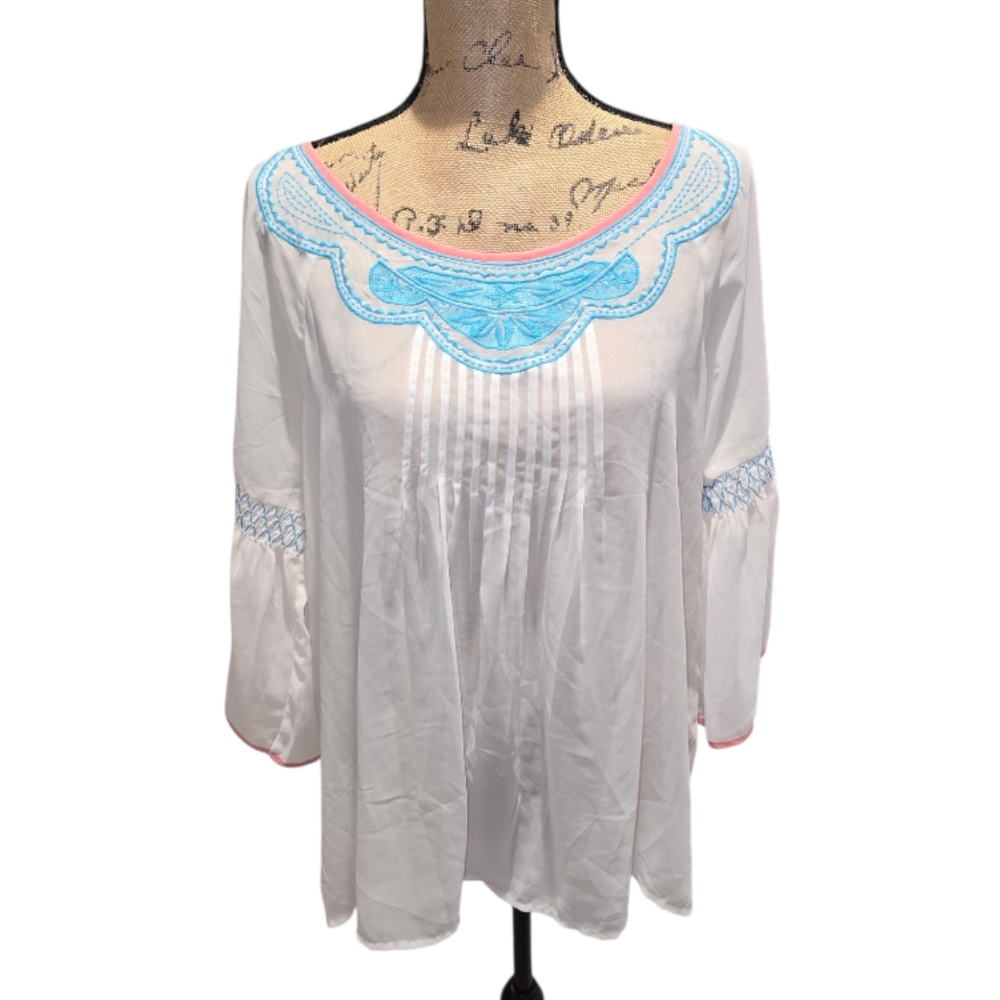 Vintage America White Slightly Sheer Blouse with Pink Blue‎ Embroidered Accents